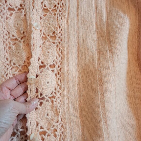 ❤️ 3 for $35 VINTAGE koret crochet afghan trim cardigan sweater peach medium - Picture 5 of 8
